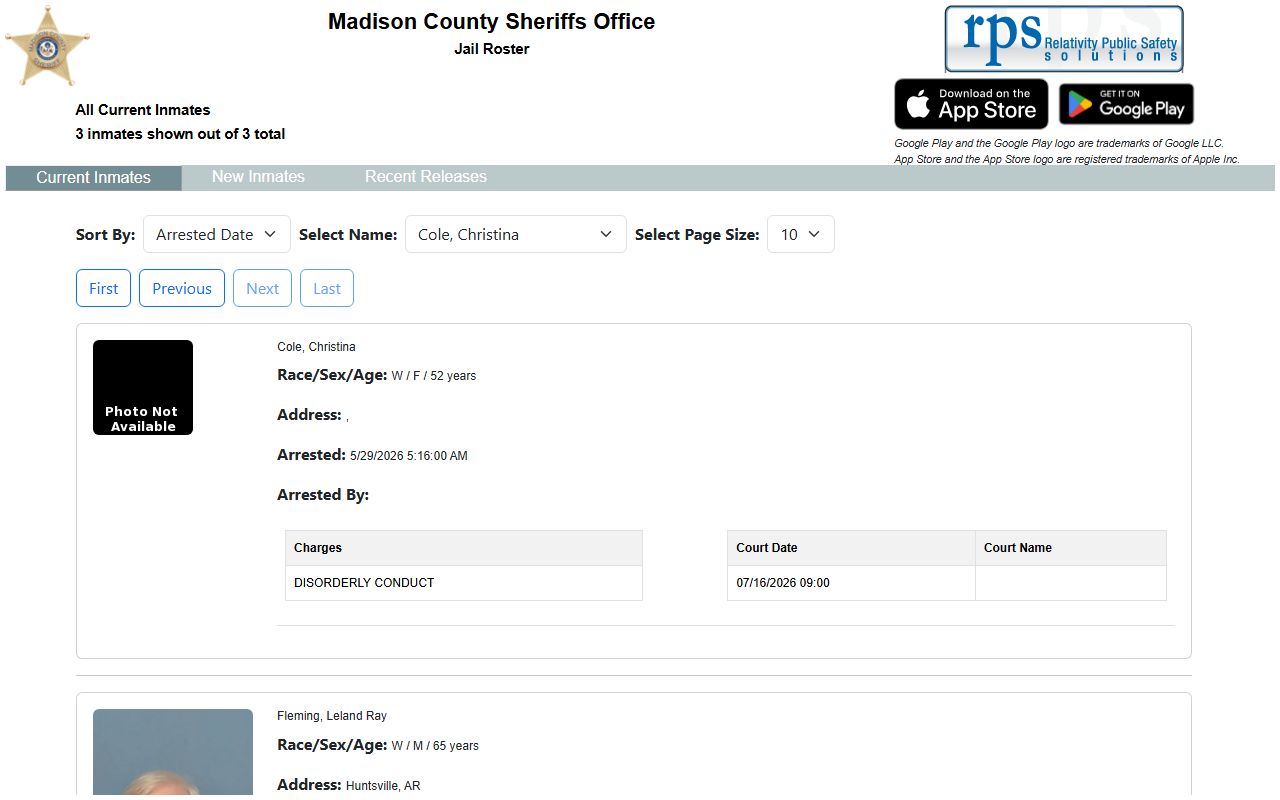 Madison County inmate population current jail roster with booking records