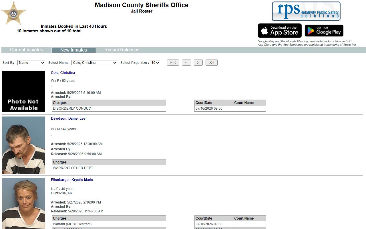 Madison County inmate population new bookings roster tab